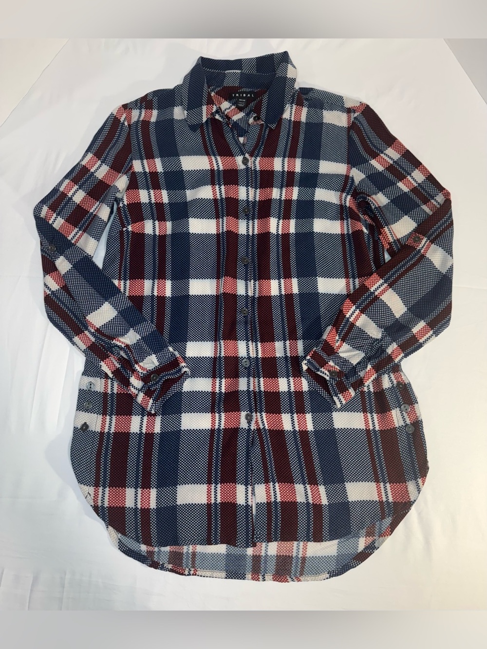 Tribal Womens XS Plaid Button Front Tunic Shirt Red Navy White